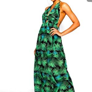 • Tall Plunge Front Palm Print Maxi Dress